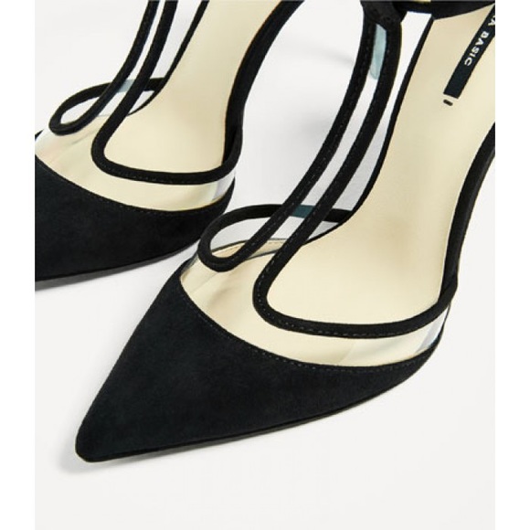ZARA PLEXI BLACK SUEDE CLEAR VINYL ANKLE STRAPPY STILETTO HEELS POINTED TOE 8 - Picture 9 of 9
